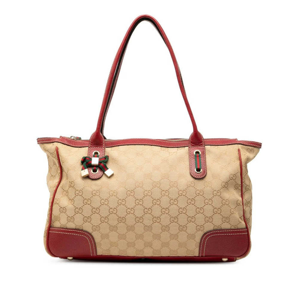 Gucci GG Canvas Princy Tote Bag Shoulder Beige Cream Red Leather